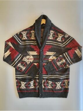 Ralph Lauren Charcoal Shawl Collar Cardigan with Red & Cream Aztec Pattern